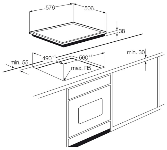 Размеры плитки электрической. Встраиваемая электрическая панель AEG hk65407rfb. Схема встройки индукционной варочной панели. Electrolux ehf6547fok. Схема встройки варочной панели.