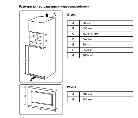 Встраиваемая микроволновая печь СВЧ Samsung MS23A7013AT/BW, нержавеющая сталь